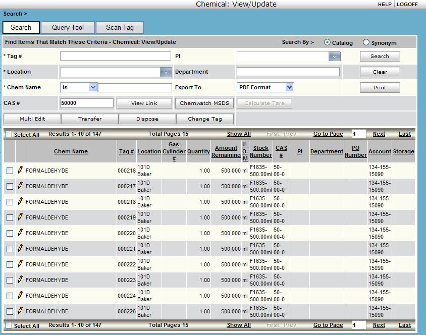 View/Update Use the View/Update menu option to view inventory records, update a single record, transfer, dispose, or update one or more values in a select record group.