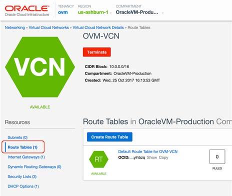 Create Route Rules for the Oracle VM Manager Instance This section provides information related to the Oracle Cloud Infrastructure route table for the Oracle VM Manager instance and, possibly, for