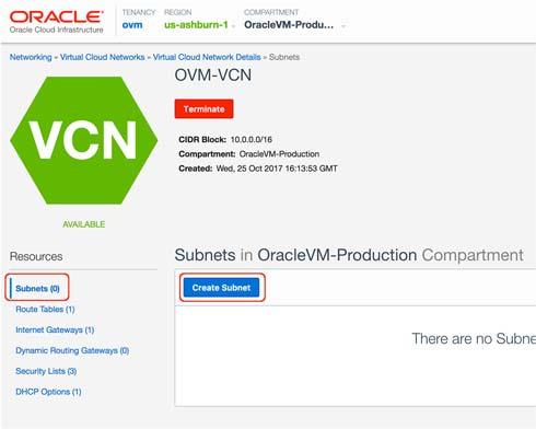 Click Create DHCP Options. Create a Subnet for the Oracle VM Manager Instance 1.