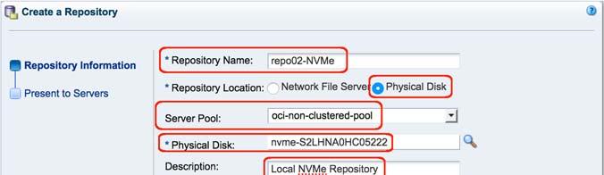 example, repo02-nvme). Repository Location: Select Physical Disk (NFS storage is not supported).