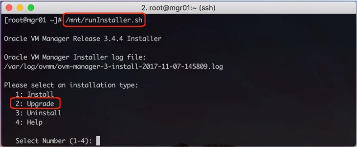 4. As root, start the Oracle VM Manager upgrade script (runinstaller.sh) and follow the upgrade wizard by selecting the 2: Upgrade option.