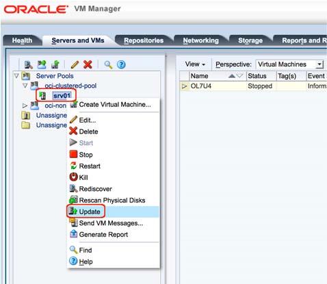 Click the Servers and VMs tab, expand Server Pools in the left-side pane, and click the Oracle VM Server instance that you want to upgrade (for example, srv01). 2.