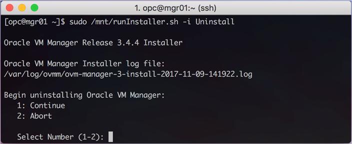 As the opc user, uninstall the existing Oracle VM Manager service: # sudo mount -o loop /home/opc/ovmm-3.4.4-installer-oraclelinux-b1722.