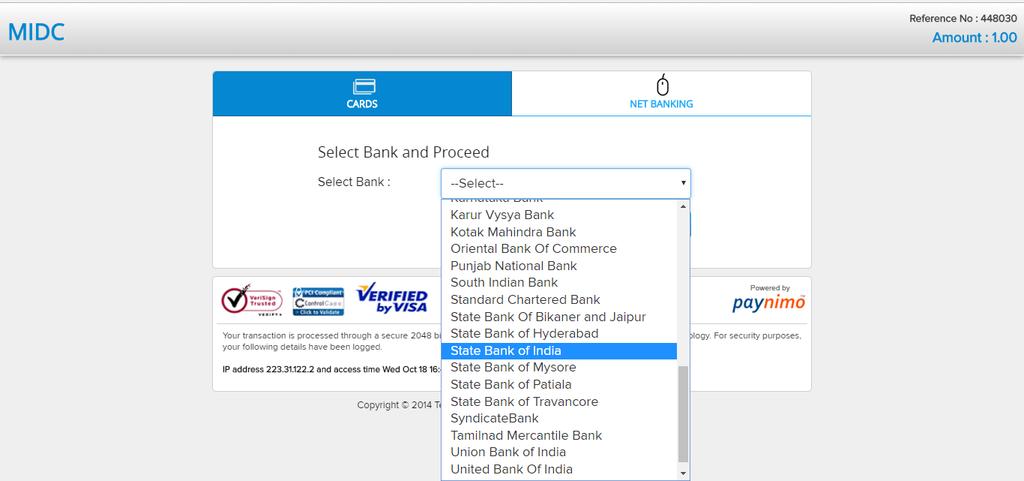D. Process for Payment via Internet Banking Step 1: For Internet Banking, select Internet Banking radio