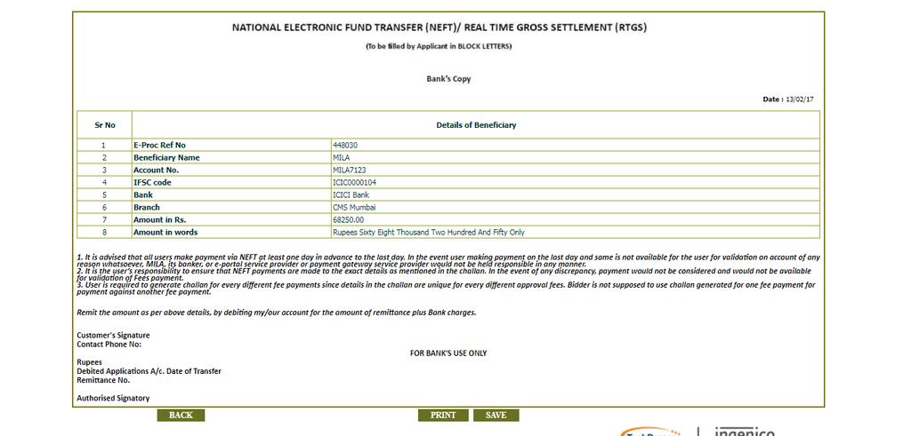 E. Process for Payment via NEFT/RTGS Step 1: For NEFT/RTGS, select the NEFT/RTGS radio button.