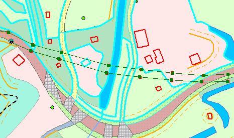 In figure 6 the successive steps are shown. Figure 6a shows the existing objects and the contours of a new road (in green).
