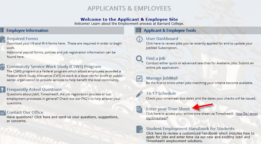 My Timesheets link found on the Employees horizontal menu at the top left section of your