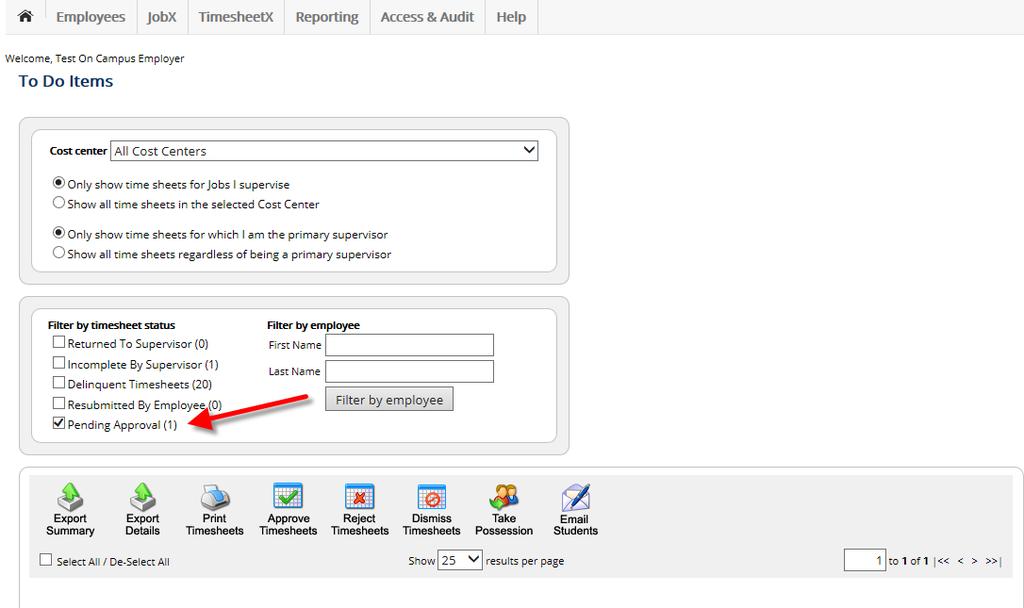 Review your Employee s Time Sheet When entering into this screen, all the time sheet status boxes will be checked.