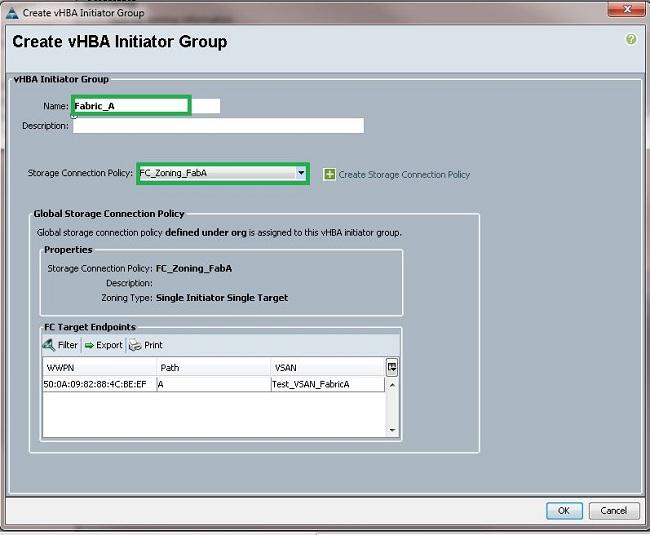 The Zoning window appears. 8. In the left pane, click the vhba to add to the initiator group. In the right pane, click the vhba Initiator Group you created.
