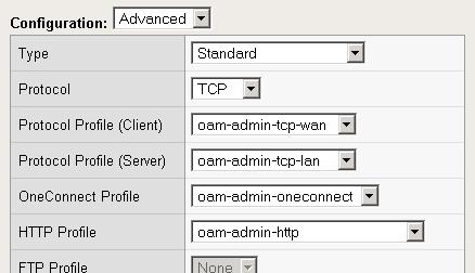 11. From the OneConnect Profile list, select the name of the profile you created in Creating a OneConnect profile. In our example, we select oam-admin-oneconnect. 12.