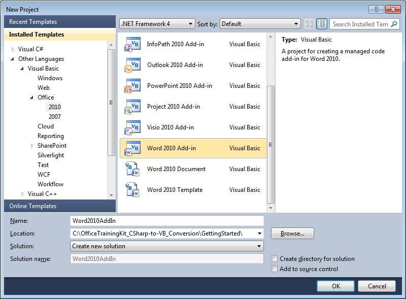Figure 4(b) New Word 2010 Add-in 2. Add the code to display a message box when the add-in loads a. In the Solution Explorer double click ThisAddIn.cs(ThisAddIn.vb in case of VB) b.