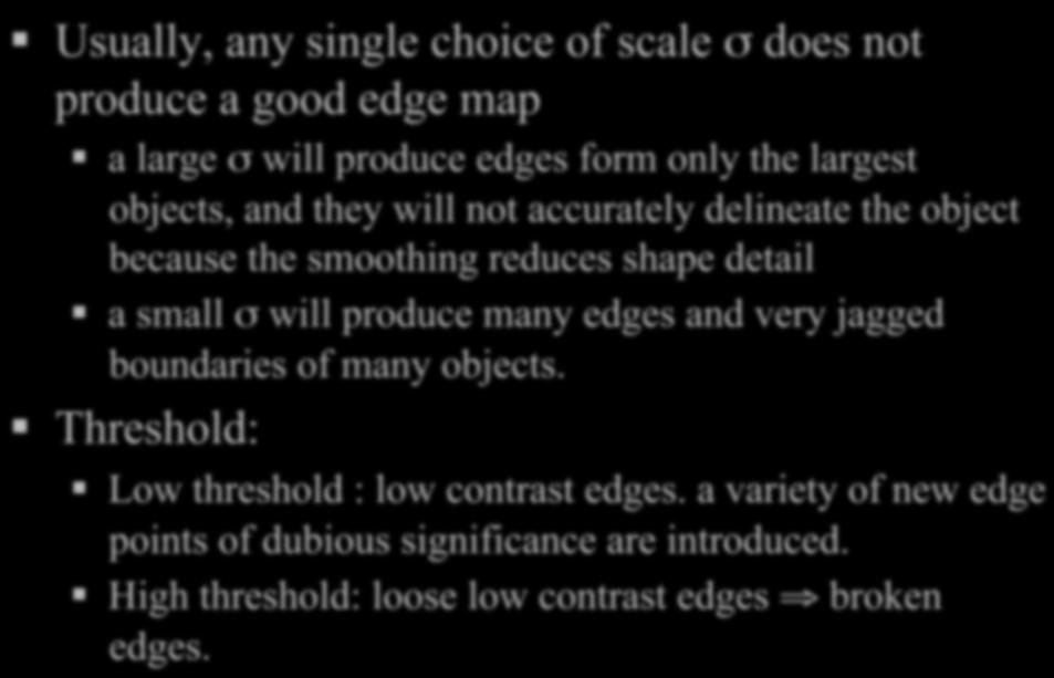 Problem of scale and threshold Usually, any single choice of scale σ does not produce a good edge map a large σ will produce edges form only the largest objects, and they will not accurately