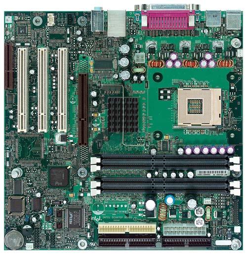Intel D850MD Motherboard Video Audio chip mouse, keyboard, parallel, serial, and USB connectors PCI slots AGP slot memory controller hub Intel 486 socket dynamic RAM