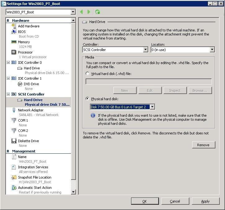 Figure 10. Settings for Win2003_PT_Boot The VM is ready for the installation of the operating system.