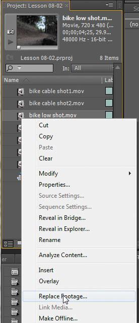 Using the Replace Footage feature The Replace Footage feature in Adobe Premiere Pro replaces footage in the Project panel.