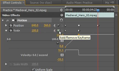 5 Expand the Scale parameter, click Scale s Toggle animation button to activate keyframing, and drag the slider to 0. That sets the size to 0 for the beginning of the clip.