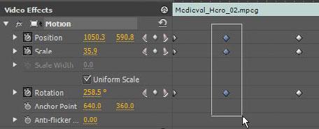 4 Move the current-time indicator to the third keyframe, and click the Rotation Add/Remove Keyframe button. That adds a keyframe with the same value as the preceding keyframe.
