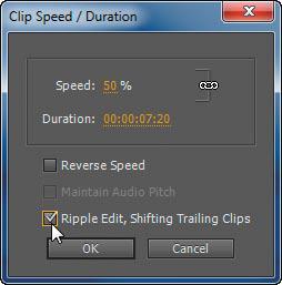 2 Right-click (Windows) or Control-click (Mac OS) the Medieval_Hero_01 clip, and choose Speed/Duration from the context menu. Change Speed to 50%, and click OK.