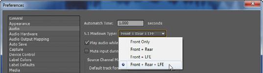 11 Choose Edit > Preferences > Audio (Windows) or Premiere Pro > Preferences > Audio (Mac OS), and make sure 5.1 Mixdown Type is set to Front + Rear + LFE.