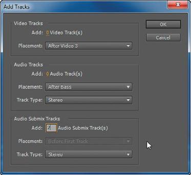Set the Add values for Video Tracks and Audio Tracks to 0, set the Add value for Audio Submix Tracks to 2, and set Track Type for Audio Submix Tracks to Stereo; then click OK.