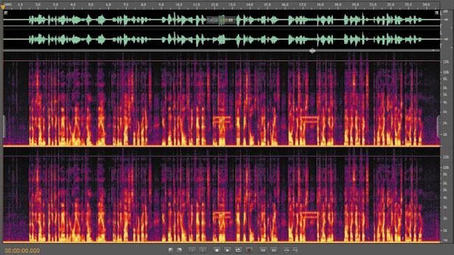 6 Soundbooth displays two views of your audio file: the common waveform view showing audio amplitudes near the top of the screen and a colorful spectral display view showing audio frequencies near