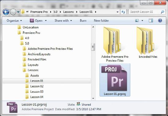 prproj project file to open the first lesson in the Adobe Premiere Pro workspace. All Adobe Premiere Pro project files have a.prproj extension.