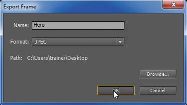 2 In the Export Frame dialog, choose the desired filename, still-image format, and path, clicking the Browse button to open the Browse for Folder dialog.