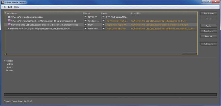 Working with Adobe Media Encoder Adobe Media Encoder is a stand-alone application that can be run by itself or can be launched from Adobe Premiere Pro.