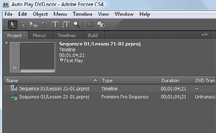 4 Click OK. Encore opens with the Adobe Premiere Pro sequence you selected in the Encore Project panel. This also creates an Encore Timeline of the same name.