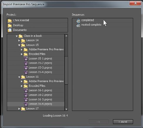 Remember that the first sequence was added to Encore via Dynamic Link from Adobe Premiere Pro. 4 Choose File > Adobe Dynamic Link > Import Premiere Pro Sequence.