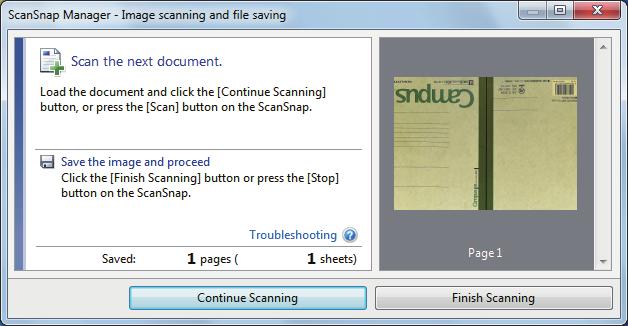 Scanning a Book a When scanning the book is complete, the [ScanSnap Manager - Image scanning and file saving] window displays a scanning standby status.