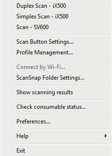 Right-Click Menu Item Help To establish connection Exit Function Displays the following menu: Help Opens the ScanSnap Manager Help.