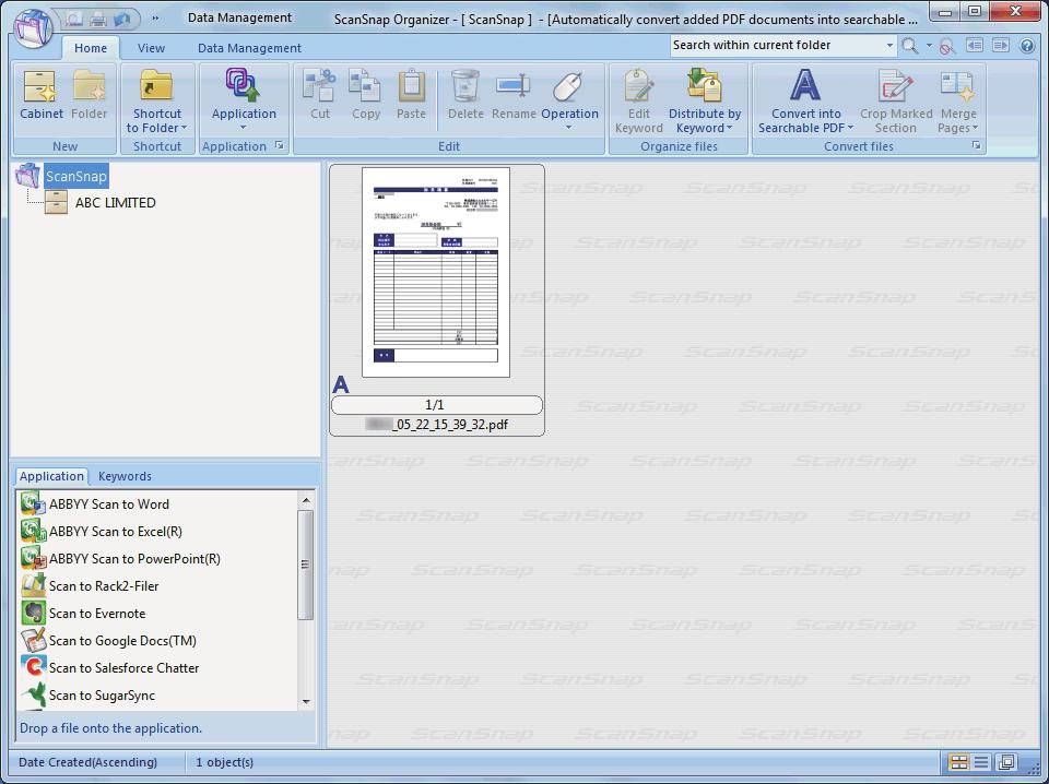 Managing Business Forms in ScanSnap Organizer a The scanned image of the quotation sheet is moved to the cabinet for the customer