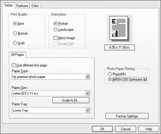 chapter 3 select 4800 x1200 Optimized dpi for high resolution photo printing 7 Click OK to close the dialog box, and then click OK or Print in your program s Print dialog box to begin printing.