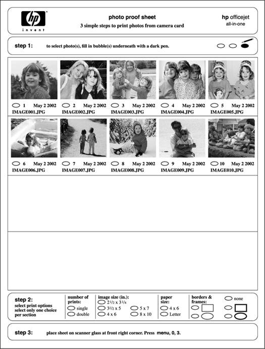 chapter 6 step 1: Select the photos you want by filling in the circles located underneath each photo with a dark pen. step 2: Select the number of prints, image size, paper size, and borders & frames.
