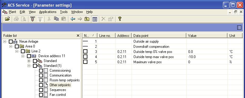 ACS Service Select Sequences, Other setpoints: HandyTool See the parameters in the last column of the following table.