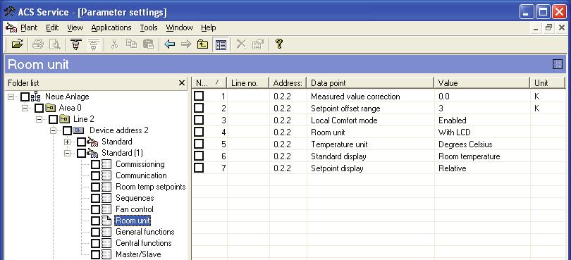 11 Room unit ACS Service Select Room unit: HandyTool See the parameters in the last column of the following table. Parameter Designation Basic setting HandyTool Measured value correction 0.