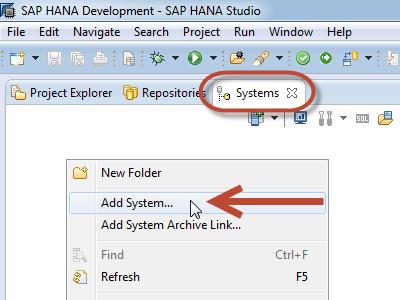 Create a connection to the HANA server Steps Screenshot 1) Make sure you are in the SAP HANA Development perspective by clicking on the button.