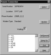 4. Select OK. The Remote Connection window will appear. The window will accept commands after a string of modem validation commands have stopped and <<OK is displayed.