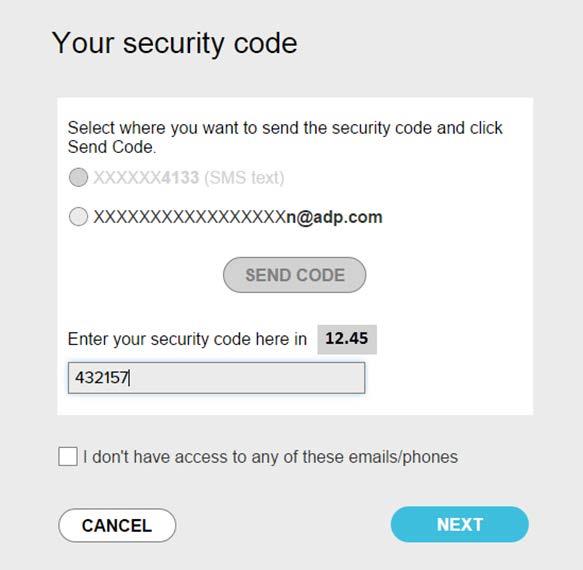 ) Once you select where you would like the security code sent to, click Send Code. Send the code to your email or mobile phone and enter it here within 15 minutes.