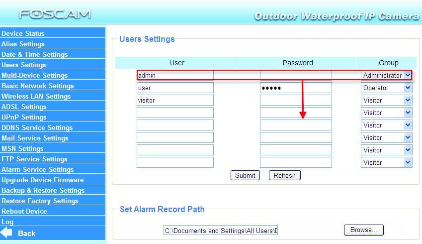 3.4 User Settings Here you can create users and set permission levels, visitor, operator or administrator. Click Submit to save these settings. The camera will reboot.