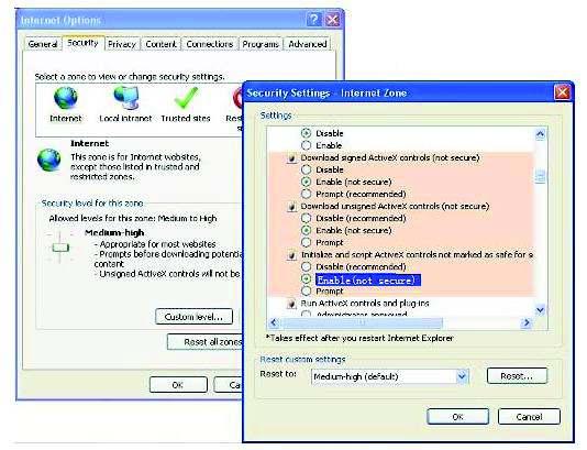2) Download ActiveX controller and set security setting of IE: IE browser Tool Internet Proper Security Custom Level ActiveX control and Plug-ins.