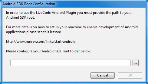 The first time the plugin runs you will be presented with the following dialog: Revision 2 2011-02-23 Mark Waddingham This dialog allows you to configure the path to the Android SDK which you should