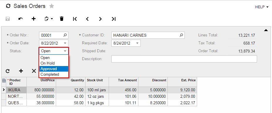 Part 2: Data Entry Pages 78 If you open the Sales Orders page in the browser now, you will see that the input control for the Status field is a combo box.