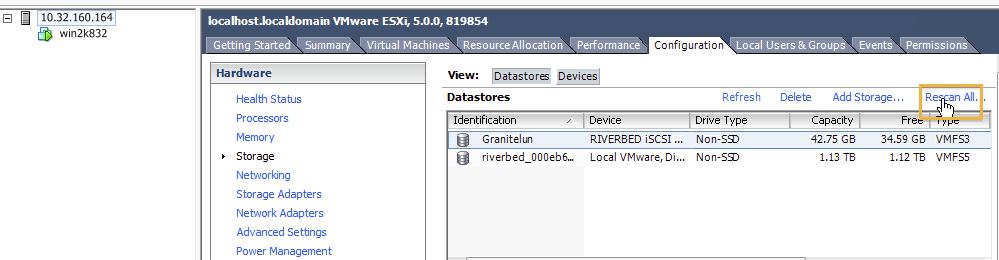 11. To import the LOCAL LUN into the VSP ESXi server, log in using VMware vsphere client and navigate to the Configuration tab and