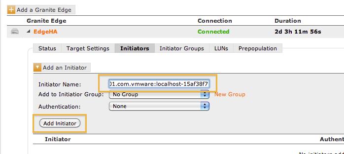 Initiators tab and click on the Add an Initiator button. 5. Type the VSP ESXi Server IQN and click on the Add Initiator button to commit the operation.