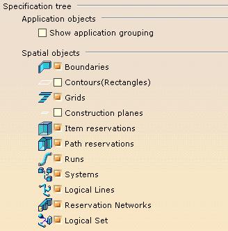 Application objects: Show application grouping Selecting the checkbox Show application grouping displays object grouping mechanisms such as piping lines or zones in the specifications tree, along