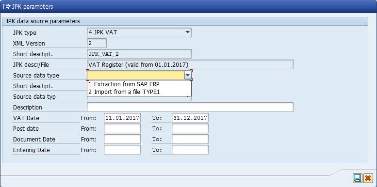 Figure 9: Data Source Parameters for the JPK VAT (2) Note If the VAT date is stored in the Document header text field in the individual company code, additional selection fields Posting date from and
