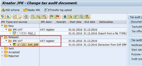1.9 Accepting Data to Be Passed to the Tax Authority To accept data to be passed to the Tax Authority, on the Kreator JPK screen, enter a tax audit document number or use the search help to select a