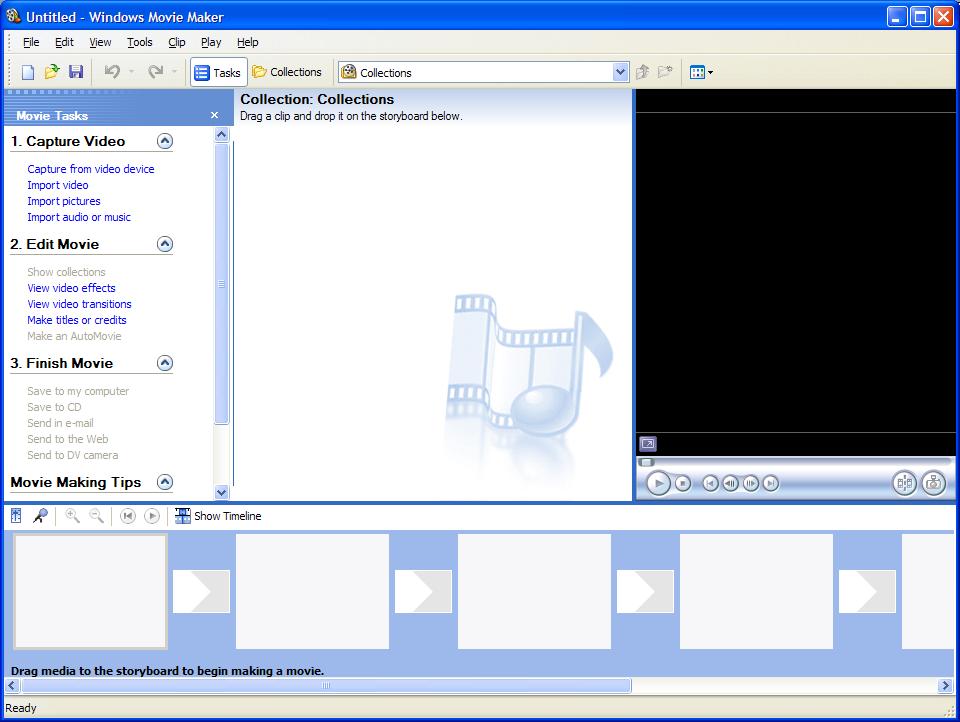 Windows Movie Maker Collections view screen. Where imported clips, video effects, and transitions are displayed. Preview Screen Windows Movie Maker is used for editing together video footage.